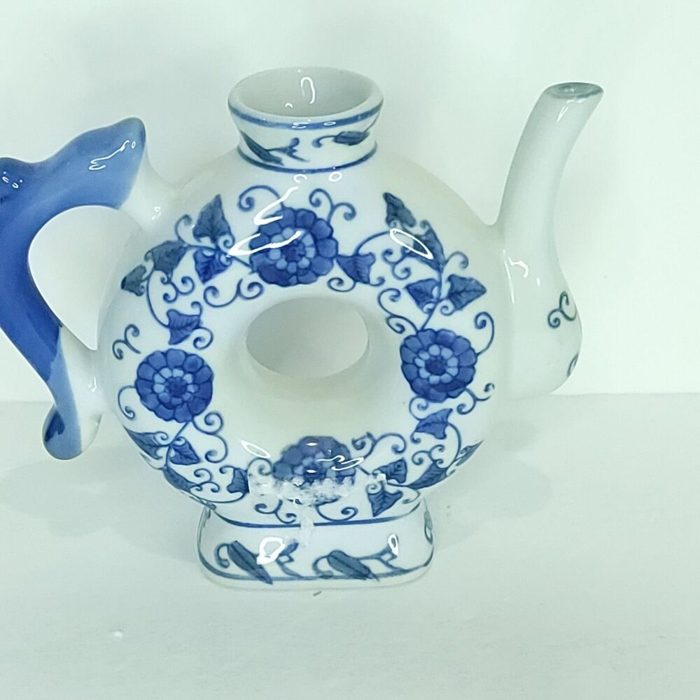 Porcelain Donut Shaped Teapot Blue & White Decorative Made in China No Lid